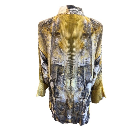 Dilemma New York Abstract Print Lightweight Blouse L Yellow/Gray/Black Artsy - Picture 3 of 11